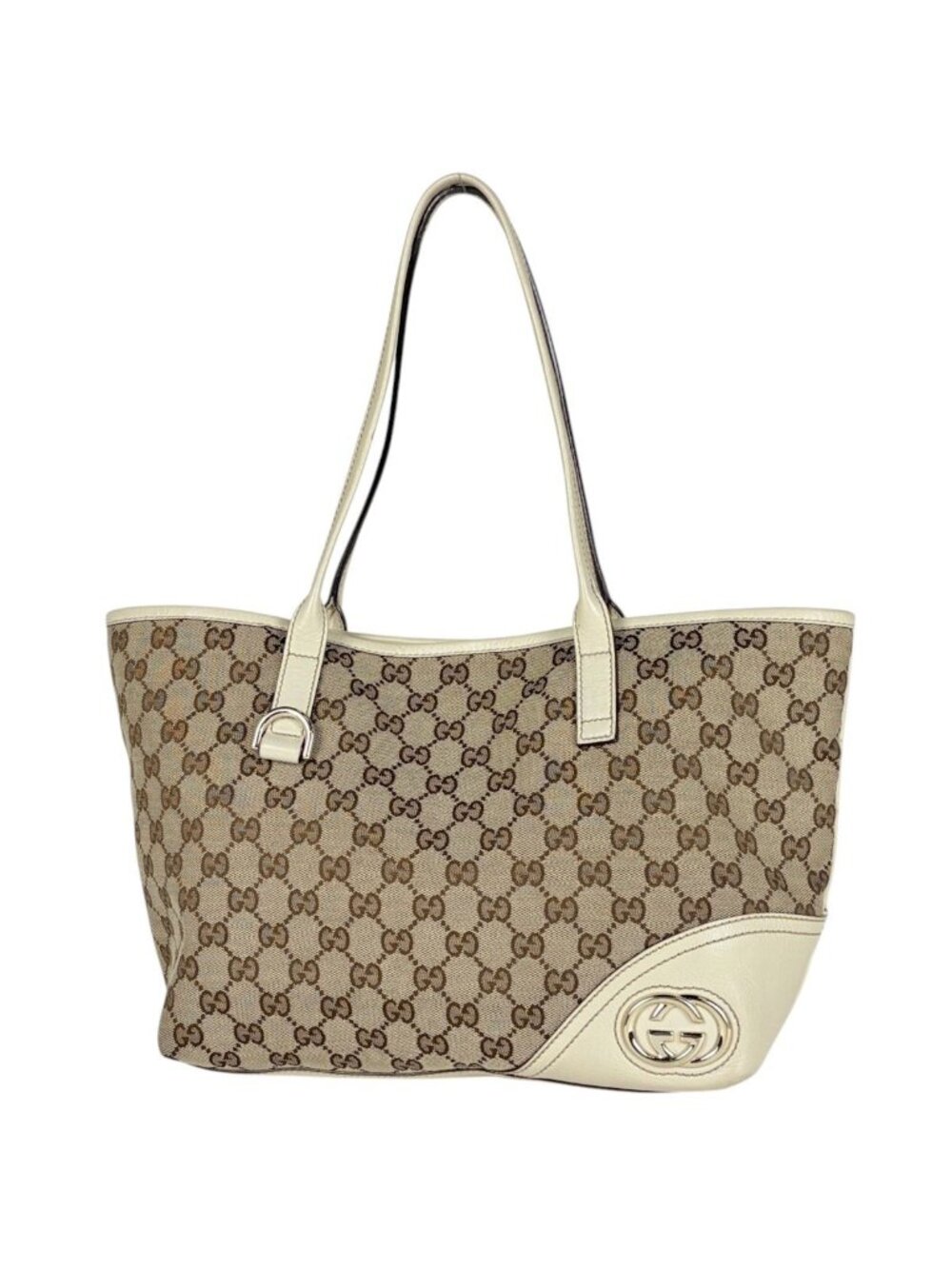 Gucci Tote Bag New Brit GG Pattern Canvas Beige White